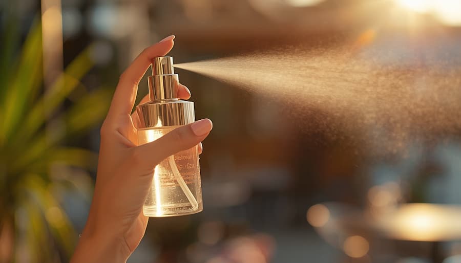 Moters ranka, purškianti permatomą SPF dulksną ant veido vasarą
