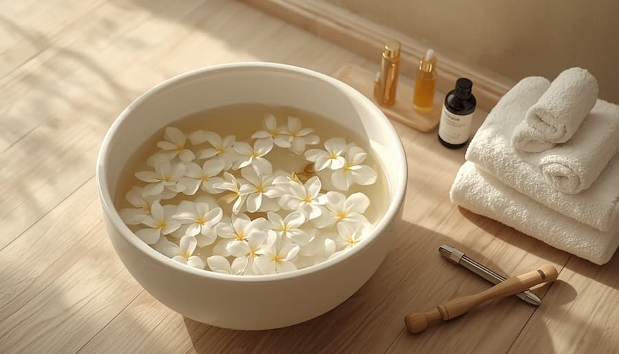 SPA pedikiūro vonelė su gėlėmis ir profesionalios pėdų priežiūros priemonės namuose