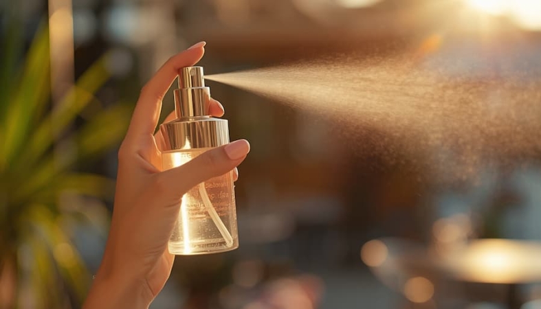 Moters ranka, purškianti permatomą SPF dulksną ant veido vasarą