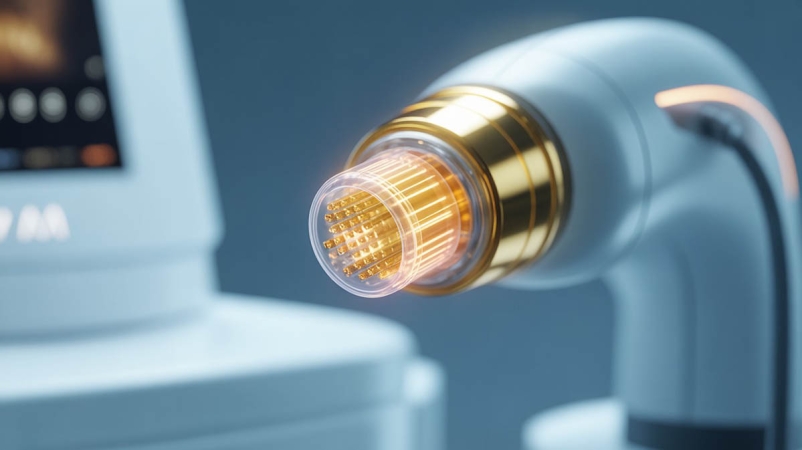Frakcinio RF aparato antgalis su paauksuotomis mikroadatomis iš arti